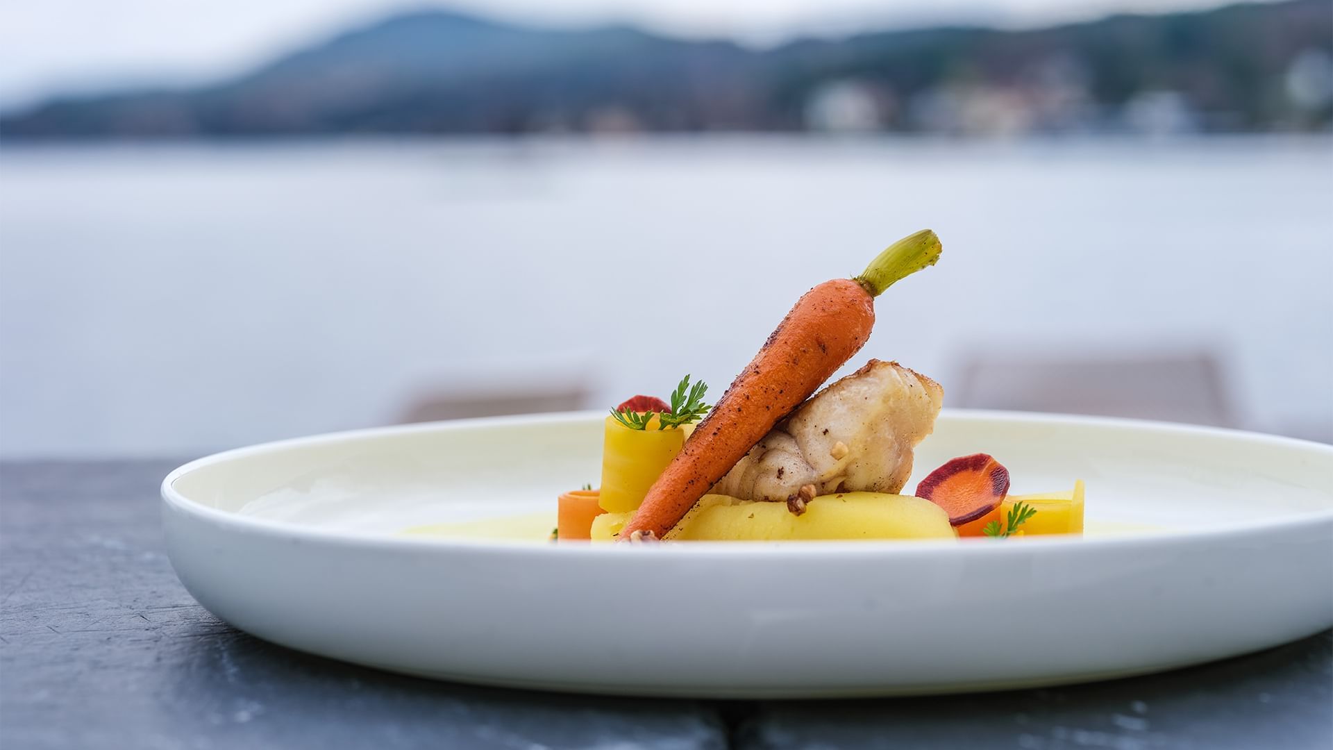 Close-up of a fine dish served with a sea view at Falkensteiner Schlosshotel Velden